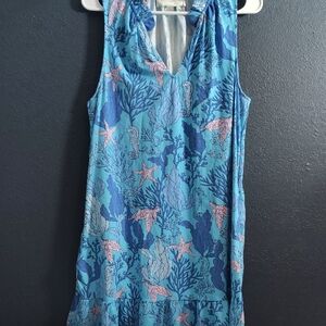 Pappagallo Aqua Sea Life Print V-Neck Dress with Navy & Pink Accents